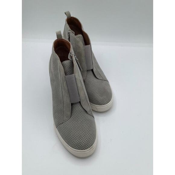Linea Paolo Women's Size 8M Felicia Grey Suede Zip High Heel Wedge Ankle Boots - Picture 2 of 7